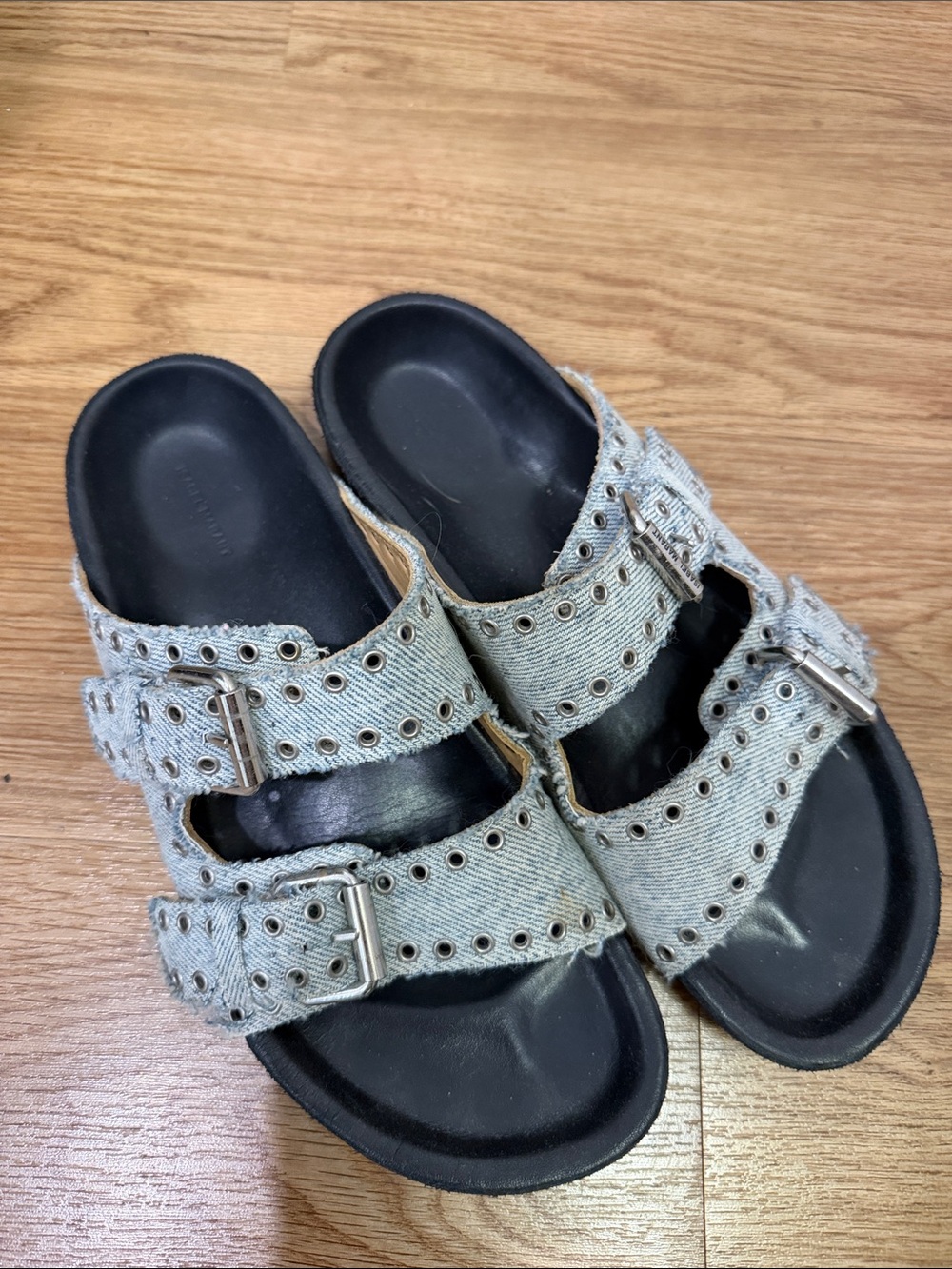 Isabel Marant Denim Double-Buckle Slide Sandals in Light Blue